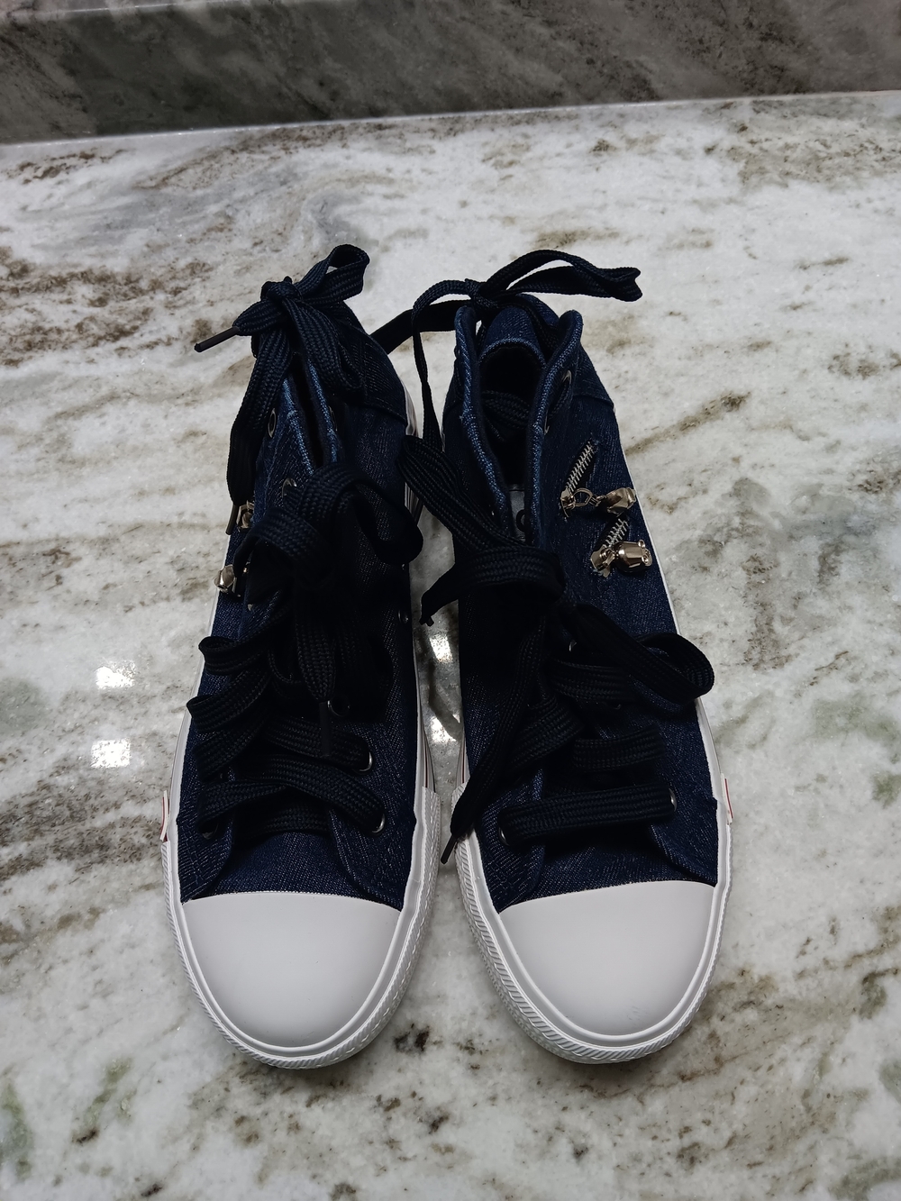 Guoan Star Womens Navy High-Top Canvas Sneakers with Side Zipper